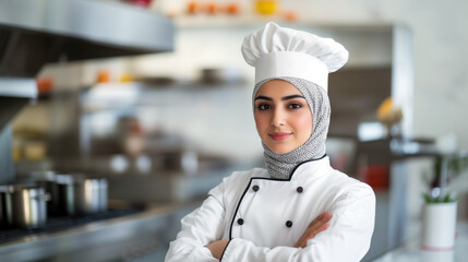 Portrait of muslim Middle Eastern female chef cross arms with chef hat on top of tidy hijab blurred kitchen background