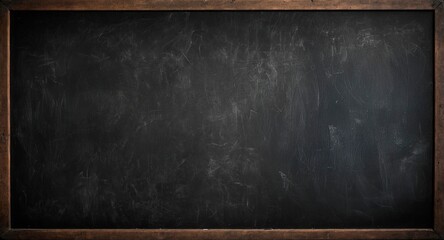 Dark black textured chalkboard with white chalk stains in the aged wooden frame. Grunge blackboard texture wallpaper design. Dirty black board wall background.