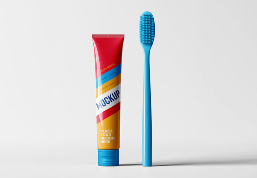Toothpaste Tube and Toothbrush Mockup on White Background &ndash; Realistic Oral Care Product Template for Dental Branding, Hygiene Packaging, or Healthcare Marketing