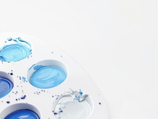 Fototapeta premium A close-up of a blue paint palette with different shades of blue paints , artistic tool, palette, colors