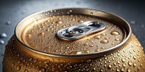 A close-up of a beer can with condensation on the outside surface, condensation, metallic material, rounded shape