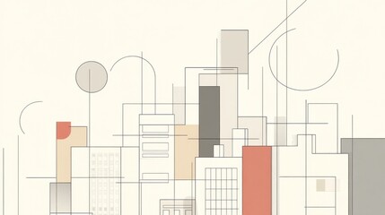 Abstract cityscape illustration featuring geometric shapes and muted colors with a modern aesthetic