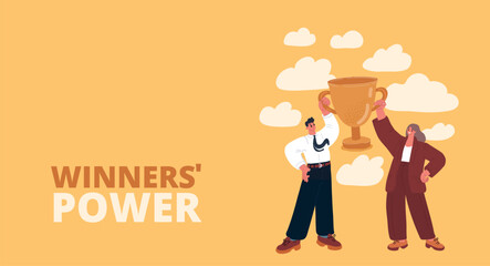 Vector illustration of a man and woman in business attire holding a large golden trophy, symbolizing victory and achievement