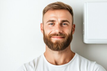 Fototapeta premium Smiling man with a beard in a white t shirt and vibrant blue eyes, showcasing a warm expression against a light background, ideal for health and lifestyle imagery