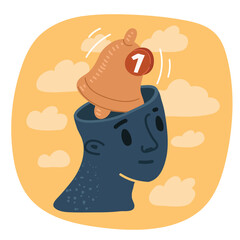 Vector illustration of a head with a bell and notification symbol inside, representing attention and alerts