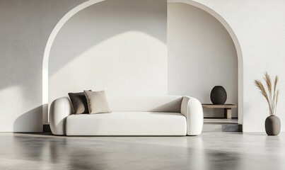 Minimalist living room with white sofa, arched doorway, and pampas grass.