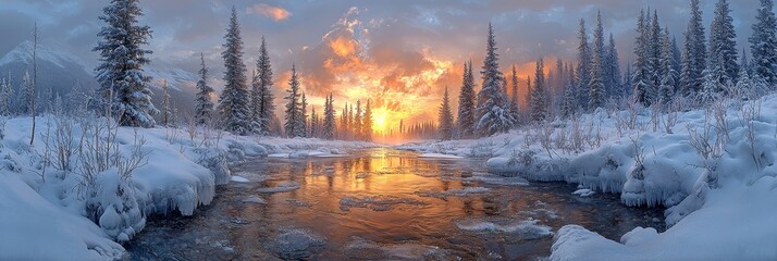 A winter snow-covered landscape bathed in the glow of sunset, with a frozen river and clouds, marking the winter solstice