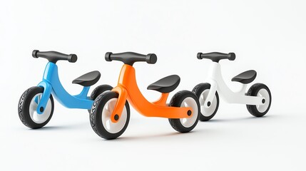 Fototapeta premium Colorful children's balance bikes on white isolate background, ideal for active play and early bike training.