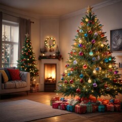 A Christmas tree with multicolored lights and ornaments is placed in a cozy room, holiday decor, multicolor lights
