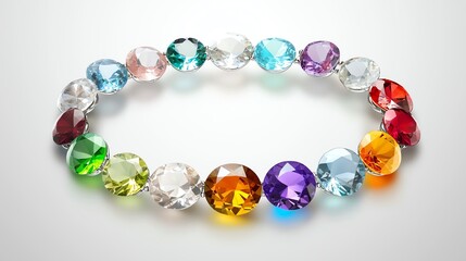 Colorful gemstones arranged in a circular pattern on a white background, showcasing their brilliance and variety.