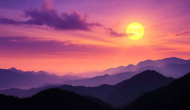 Vibrant sunset paints the sky with purple hues and an orange glow, silhouetting mountains in a panoramic, ethereal landscape. A breathtaking twilight scene of nature's serene beauty.