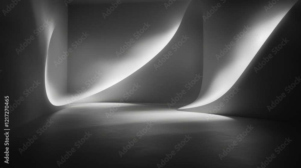 Poster black and white photograph of an empty room with a dark and moody atmosphere. the room appears to be