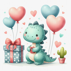 Watercolor illustration of cute little dinosaur with heart-shaped balloons and a gift box. Nursery concept. Valentine's day.