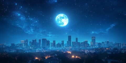 A city skyline under a full moon surrounded by stars, symbolizing calm and beauty. Perfect for travel, cityscapes, and night photography.