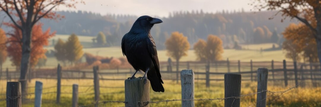 A carrion crow perched on a fence post in a rural landscape with a few scattered trees, tree, bird