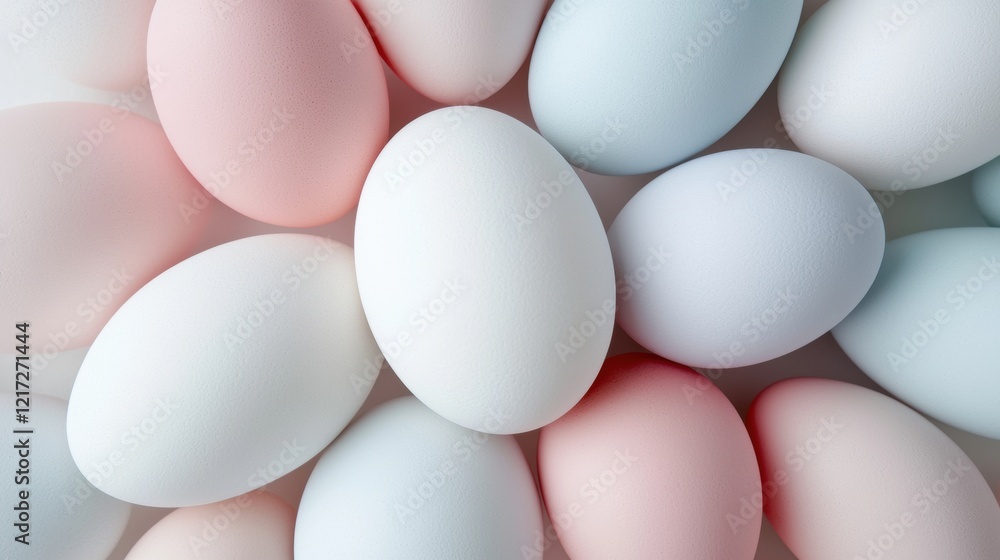 Poster close-up of a group of white eggs. the eggs are arranged in a random pattern, with some overlapping 