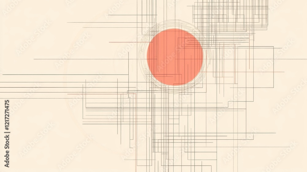Poster abstract geometric design featuring a central red circle amidst intricate line patterns