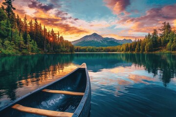 Obraz premium Serene Sunset Canoeing on a Calm Mountain Lake