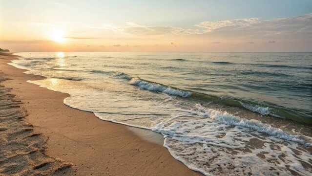 A calming ocean wave background with gentle ripples on a sandy beach at sunrise, calm water, soft focus, beachy vibe