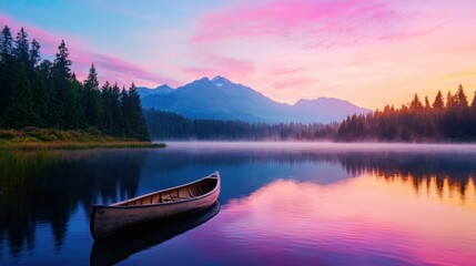 Serene Sunrise Canoe on a Misty Mountain Lake