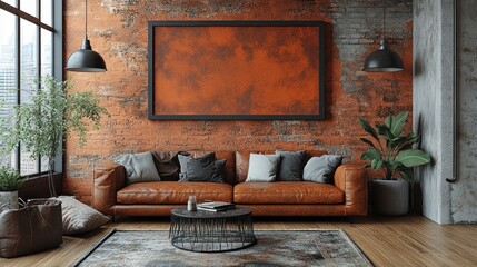 Contemporary Loft Interior with Blank Frame on Rustic Wall
