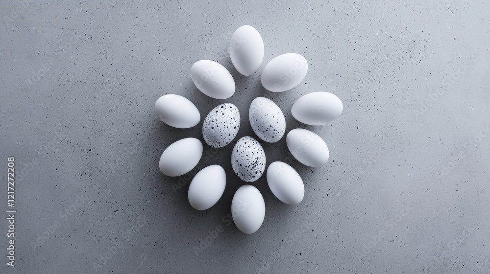 Poster flat lay of a group of white eggs arranged in a circular pattern on a gray textured surface. the egg