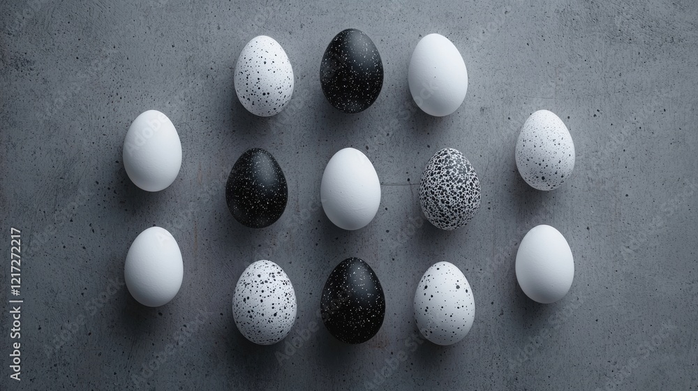 Poster group of nine white eggs arranged in a grid-like pattern on a gray textured surface. the eggs are of