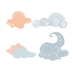 four decorative clouds combining warm peach and baby blue, perfect for use in children’s illustrations, nursery decor, whimsical stationery, or as a charming addition to creative projects 