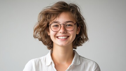 Obraz premium Smiling Young Woman with Curly Hair and Glasses