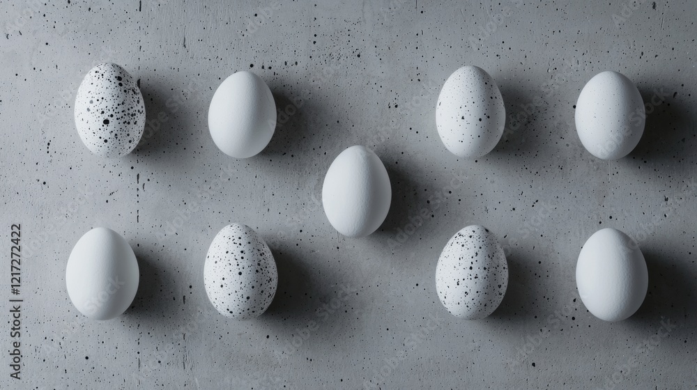 Poster group of nine white eggs arranged in a grid-like pattern on a gray concrete surface. the eggs are of