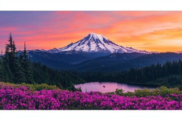 Serene Sunset over Mountain Lake with Kayaker and Blooming Flowers