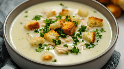 A clean bowl of creamy chicken soup garnished with croutons and chopped parsley under soft natural light