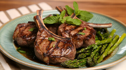 A clean plate of roasted lamb chops served with a side of sauted asparagus and garnished with fresh mint leaves