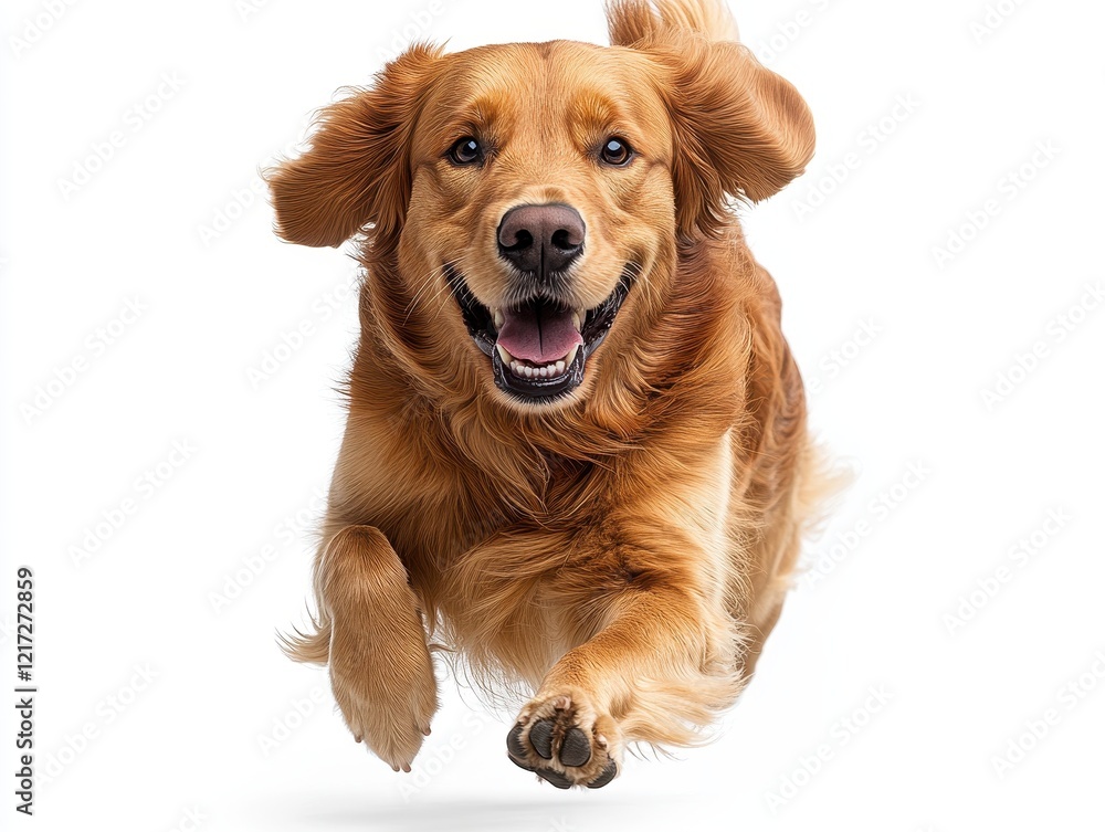 Poster a joyful golden retriever running with a happy expression.