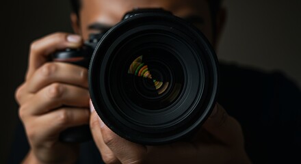 Person holding a camera lens close up view