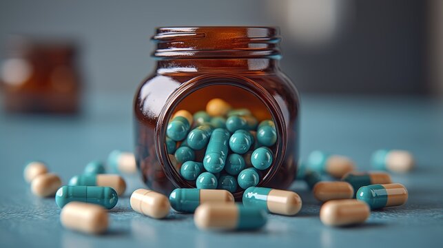 Capsules and pills cascading from a brown bottle onto a table, with an emphasis on contemporary medicine, prescriptions, and pharmaceutical advancements