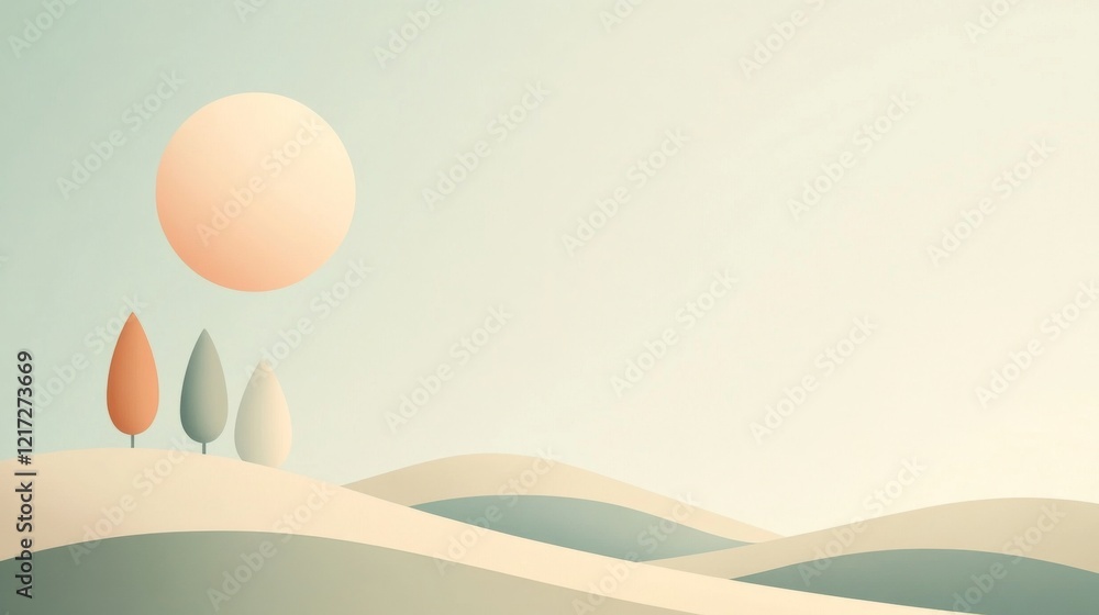 Poster abstract landscape with stylized trees and a large sun, creating a serene atmosphere