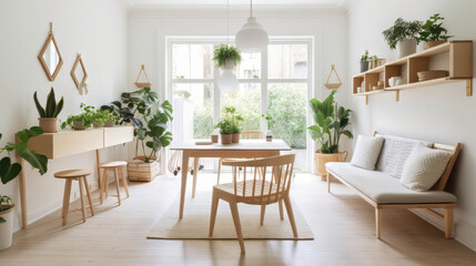 Fototapeta premium A Scandinavian-kitchen featuring natural wooden furniture, a modern sofa 