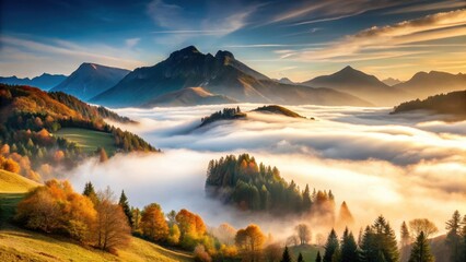 Mountain landscape with misty fog rising from the valley , earthy, serene,  earthy, serene