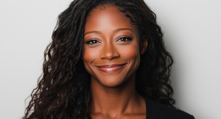 Naklejka premium Beauty photograph of an African American girl with clean, healthy skin on a beige background. She smiles dreamily, showcasing her beautiful dark complexion. Her curly hair is styled in an afro