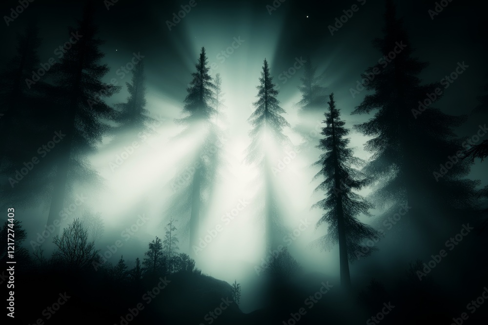Poster a dark, misty forest with rays of soft moonlight breaking through the trees, creating a calm yet eer