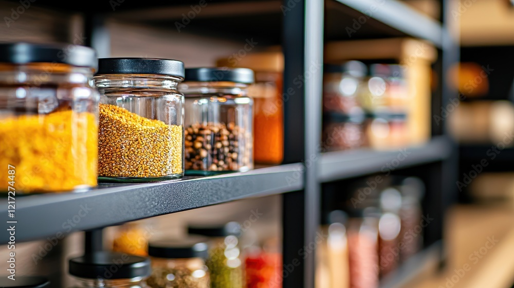 Poster modular shelving system with neatly arranged glass jars for spices and condiments