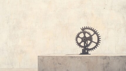 Abstract metal gear sculpture on a minimalist pedestal against a textured wall background