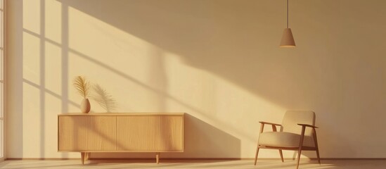 Minimalist living room with wooden cabinet, armchair, and sunlight.