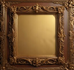 Ornate gold frame with intricate carvings and filigree details surrounding a leather-bound scroll,  leather,  frame