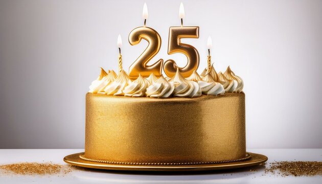 Decorated gold cake for birthday or anniversary party, candle number 25, white background