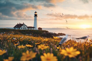 Seascape at Sunrise Lighthouse Birds and Blossoms
