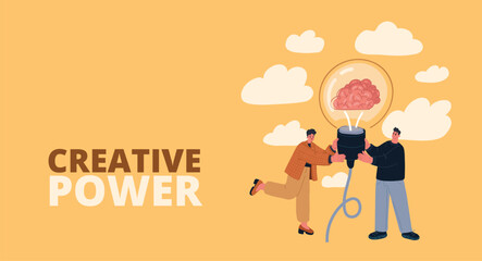 Vector illustration of a man and a woman holding a lightbulb with a brain inside, symbolizing an idea