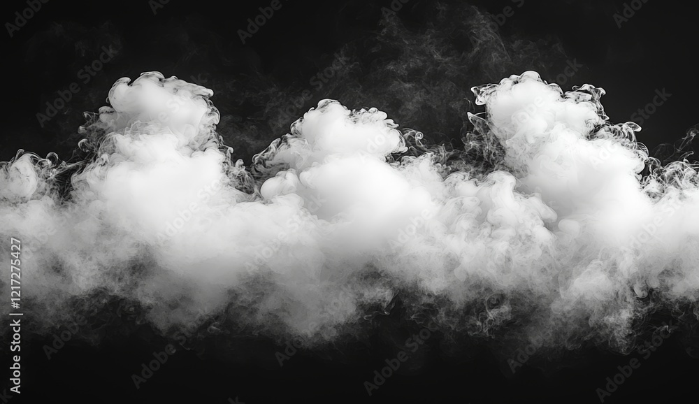 Poster design element featuring abstract smoke and misty fog with texture overlays on a black background
