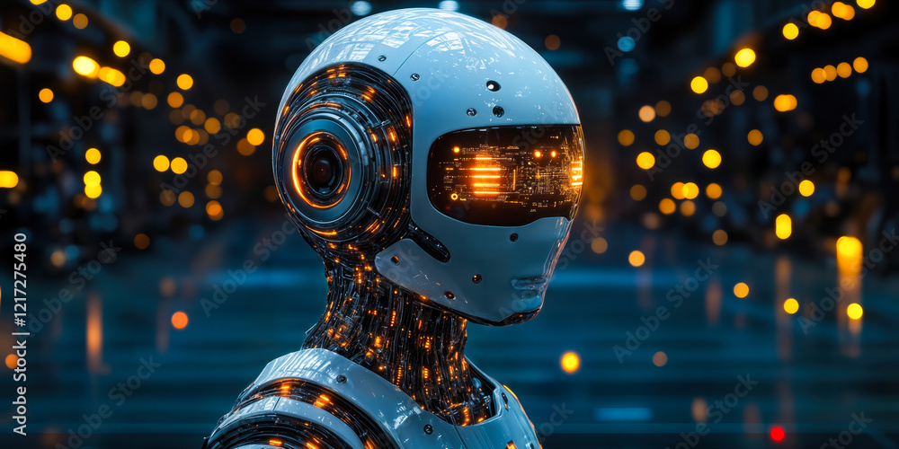 Poster futuristic ai robot with illuminated circuitry in advanced technology environment